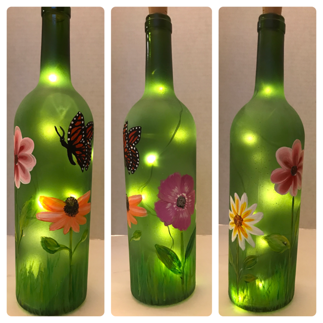 FLOWERS & BUTTERFLY -  Wine Bottle with Cork Lights 